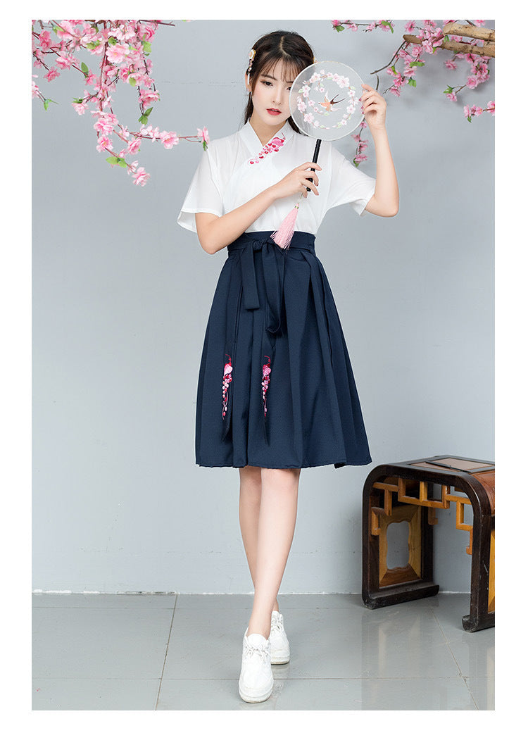 Elegant Summer Hanfu Skirt – Embroidered Cross Collar Design