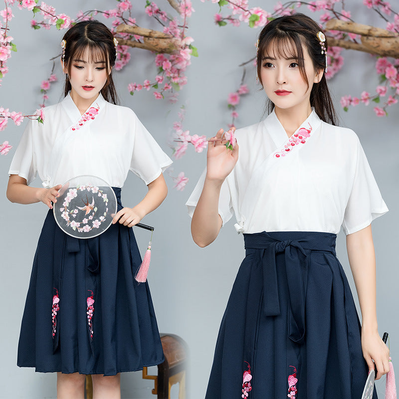 Elegant Summer Hanfu Skirt – Embroidered Cross Collar Design