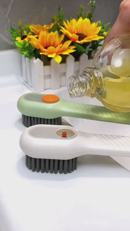Multi-Function Liquid Dispensing Shoe & Clothing Cleaning Brush – Soft Bristles Long Handle Scrubber