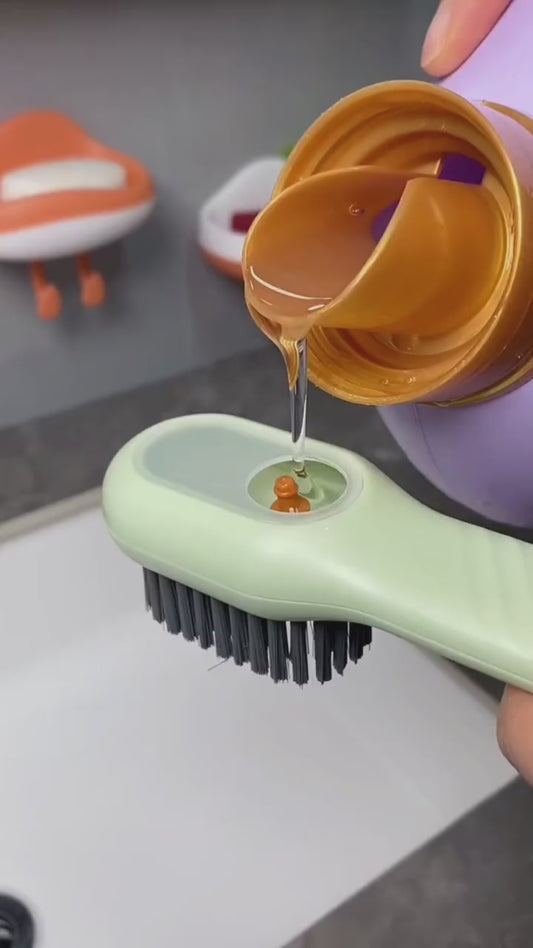 Multi-Function Liquid Dispensing Shoe & Clothing Cleaning Brush – Soft Bristles Long Handle Scrubber