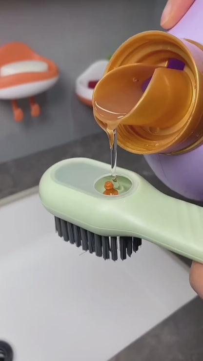 Multi-Function Liquid Dispensing Shoe & Clothing Cleaning Brush – Soft Bristles Long Handle Scrubber
