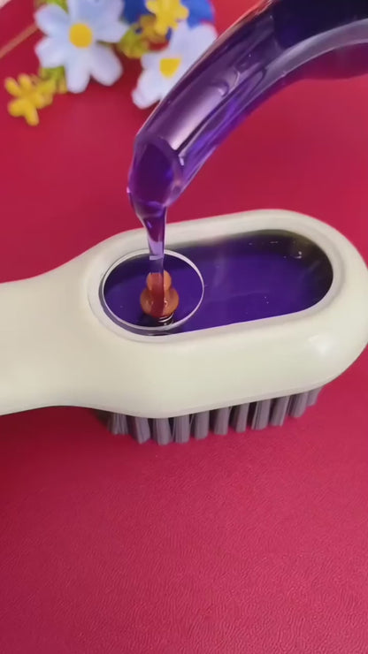 Multi-Function Liquid Dispensing Shoe & Clothing Cleaning Brush – Soft Bristles Long Handle Scrubber