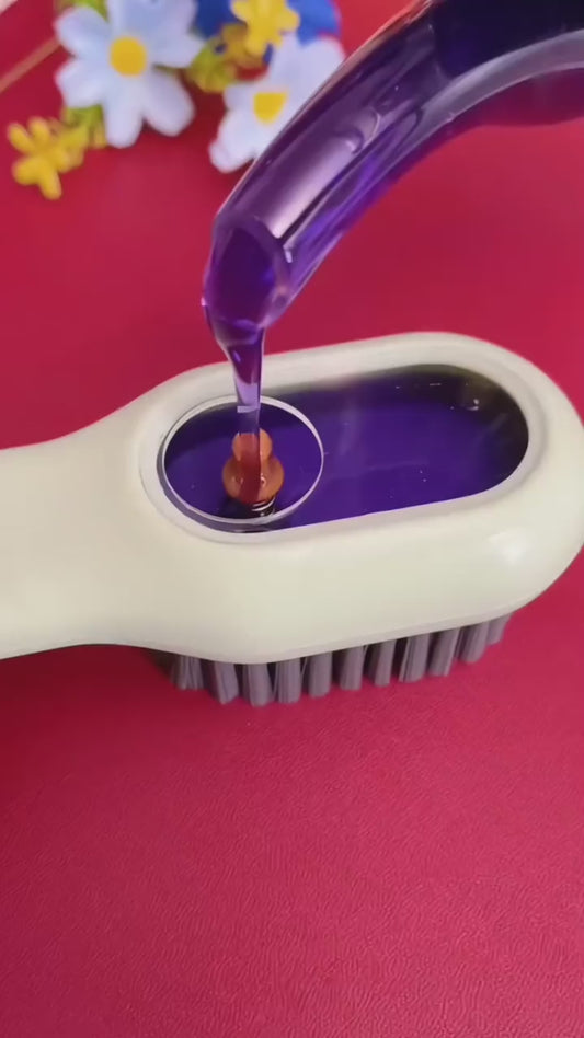 Multi-Function Liquid Dispensing Shoe & Clothing Cleaning Brush – Soft Bristles Long Handle Scrubber